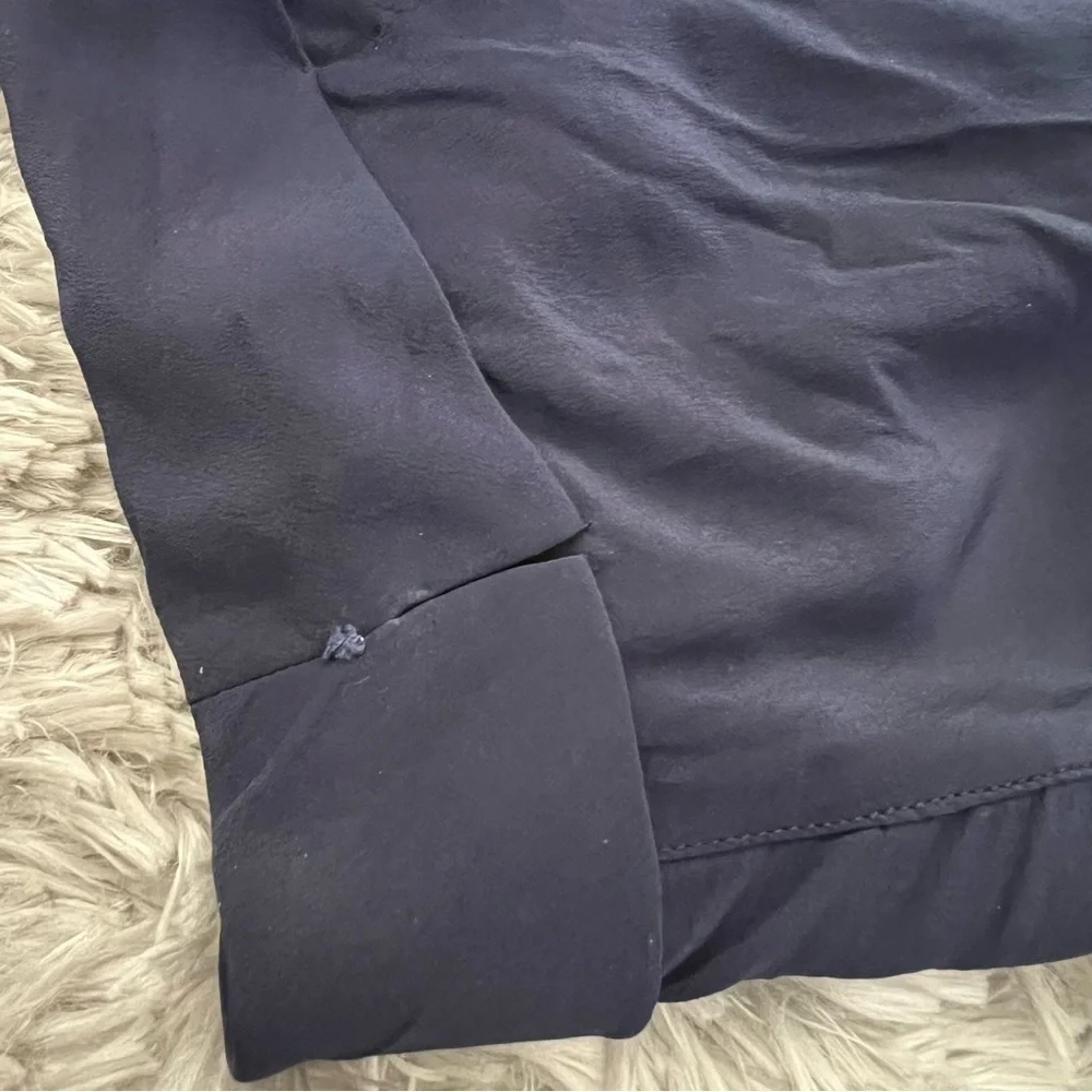 CHANEL Vtg 90’s Short Sleeve Navy Blue Silk Pleated Draped Button Blouse Y2K M